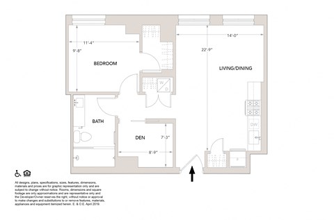 Floor plan for 1 bed, 1 bath, 761 sqft